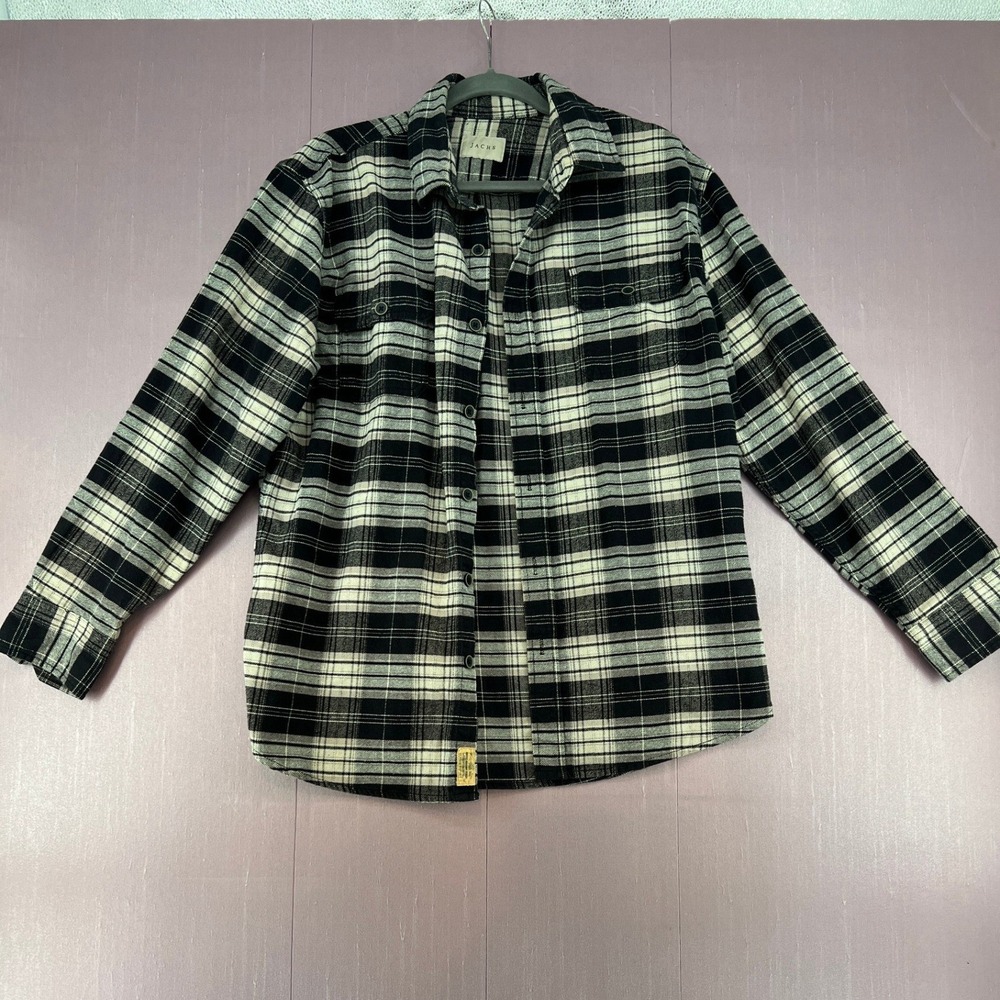 Jachs NY‎ Mens Black White Plaid Flannel Button Down Shirt Large 100% Cotton